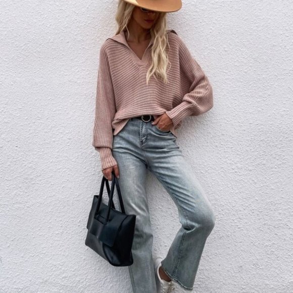 dusty pink V neck collar batwing sleeve knit sweat - Picture 4 of 6